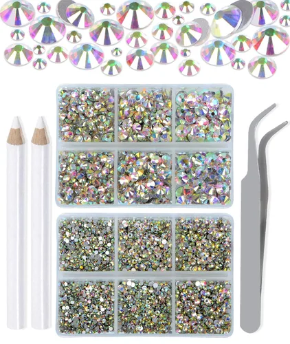 Vista 33 de LPBeads 6000 unidades de diamantes de imitación negros no termofijos, 6 tamaños, cristal redondo, con parte trasera plana, pinzas y bolígrafo