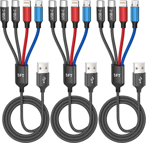 Vista 7 de 4-IN-1 USBC Multi Charging Cable, 5FT Phone Charger Cord Travel Essentials Universal Charger with 2xType-C/L/Micro USB Ports, Braided Travel