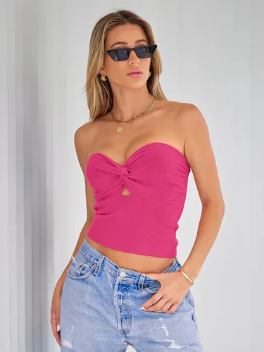Vista 3 de EFAN Camiseta corta sin tirantes para mujer, con nudo frontal, bandeau de punto acanalado Y2K, sexy, sin tirantes, corsé