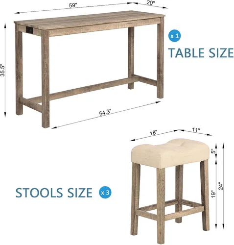 Vista 2 de Juego de mesa y sillas de barra de altura de mostrador de 4 piezas con toma de corriente, mesa de comedor rectangular estrecha con 3 taburetes