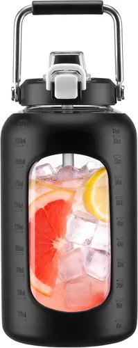 Vista 17 de WINSA - Botella de agua de vidrio de 84 onzas con pajita, 2.5 litros, ámbar Botella de beber de galón, con asa, funda de silicona para deportes