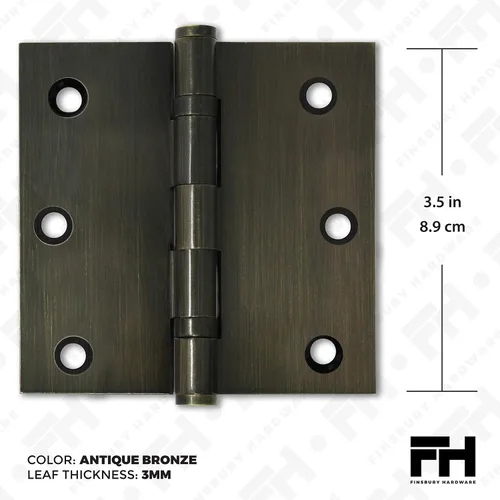 Vista 2 de Solid Brass Door Hinge Heavy Duty Ball Bearing 3.5 x 3.5 Inch - Set of 2 Hinges (Antique Brass)