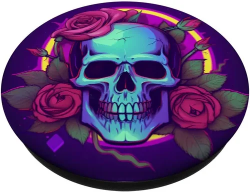 Vista 2 de Synthwave Sugar Skull Flowers Purple Skull PopSockets intercambiables PopGrip