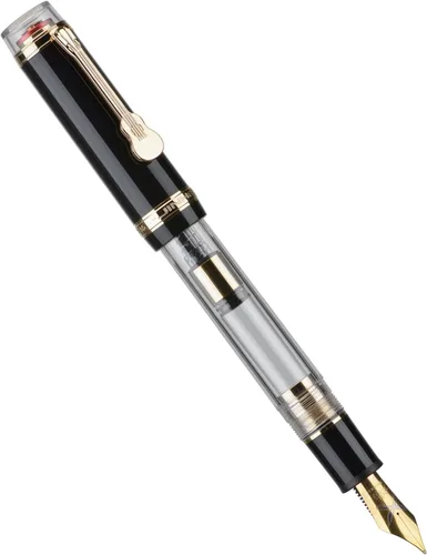 Vista 4 de Jinhao Tiandao 1935 Pluma estilográfica media #8 con punta espada, acrílico negro y transparente con gran convertidor y clip de guitarra