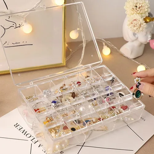 Vista 5 de Lejesth Caja organizadora de joyas de acrílico transparente con 2 cajones y 30 rejillas, pequeña caja de joyería a prueba de polvo para mujeres