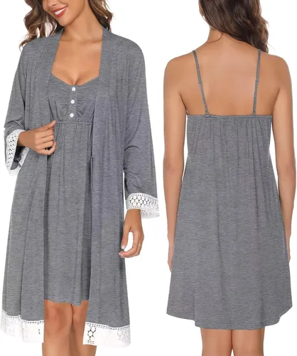 Vista 5 de SWOMOG Conjunto de bata de maternidad para mujer, bata de parto y parto, camisón de lactancia materna, conjunto de bata posparto para hospital