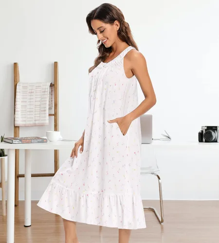 Vista 2 de IZZY + TOBY Camisones de algodón para mujer, sin mangas, con bolsillos, suaves, con nudos, camisón largo