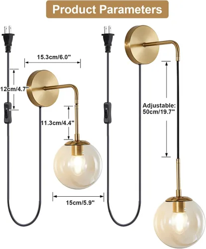 Vista 2 de KCO Lighting - Lámpara de pared moderna con globo dorado de mediados de siglo con cable de enchufe, aplique de pared minimalista con bola de vidrio