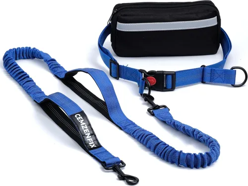 Vista 10 de Correa de perro manos libres con cinturón – Bungee sin tirones, asas acolchadas dobles y bolsa con cremallera para correr, caminar y entrenar