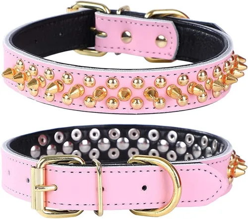 Vista 26 de Collar de perro con tachuelas, collar de perro de cuero genuino, collares ajustables para mascotas pequeñas o medianas (S, negro-1)