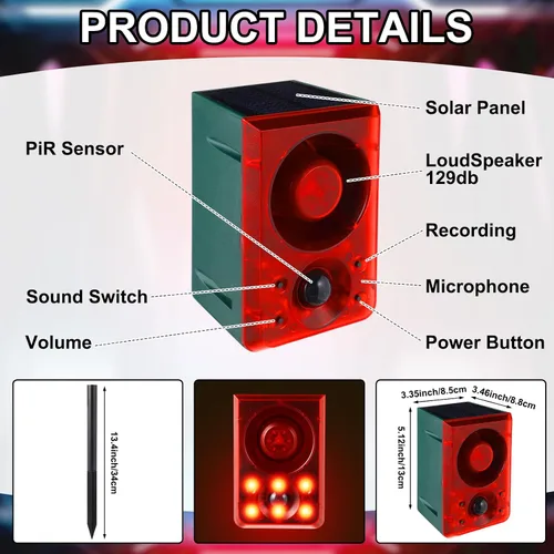 Vista 2 de Qualirey Alarma solar con sensor de movimiento para exteriores con sonido de disparo de estaca, 3 modos de grabación y volumen ajustable, carga USB