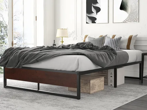 Vista 10 de HOOMIC Base de cama de plataforma de metal de 14 pulgadas con estribo de madera rústica, base de colchón con almacenamiento, listones de metal, sin