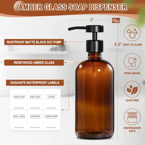 Vista 3 de KASUNTING Dispensador de jabón de vidrio ámbar con bomba plana mejorada, dispensador de jabón para platos para cocina, dispensador de jabón de manos