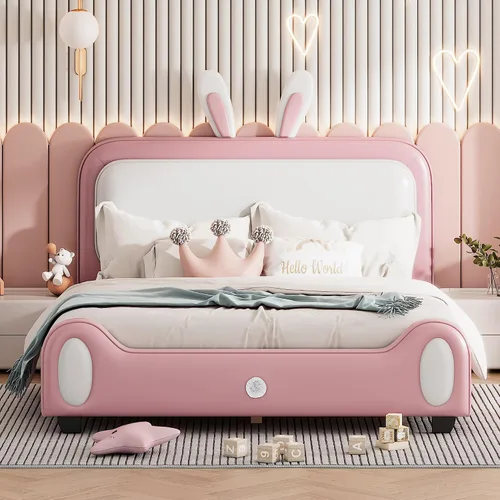 Vista 17 de Cama de plataforma tapizada de tamaño individual con cabecero en forma de oso y rayas de luz incrustadas, bonito marco de cama de plataforma