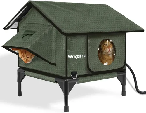 Vista 9 de Casa climatizada a dos aguas para gatos exteriores en invierno, 100% impermeable, puerta de escape, elevada, refugio aislado para gatos al aire