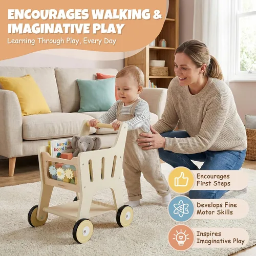 Vista 5 de Pithfor Carrito de compras de madera para niños, 3 en 1 caminante de madera para bebés, cochecito de muñeca de bebé, carrito de compras de juguete
