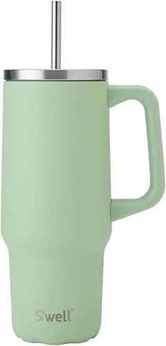 Vista 7 de S'well Vaso de acero inoxidable reciclado XL con popote y asa, 40 onzas, azurita, contenedor aislado al vacío de triple capa mantiene las bebidas