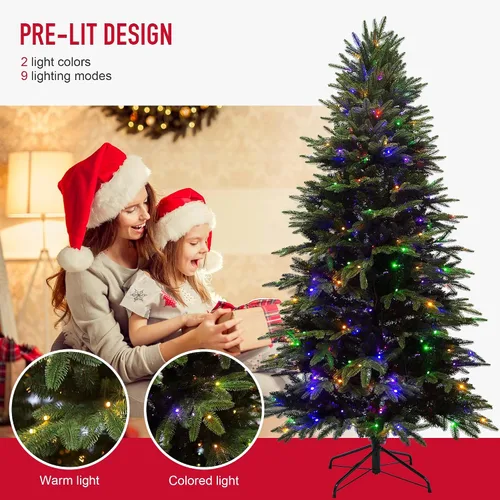 Vista 2 de Árbol de Navidad preiluminado de 7.5 pies con luces, árbol de Navidad artificial de abeto con 350 LED multicolor, ramas con bisagras de fácil