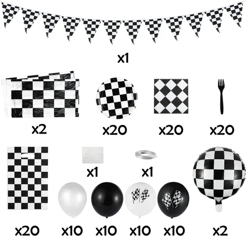 Vista 2 de BeYumi Paquete de 127 suministros de decoración para fiestas de autos de carreras, incluye banderines, globos, mantel, vajilla, bolsas de regalo