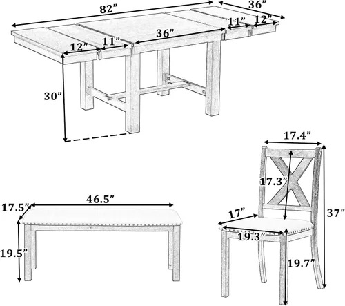 Vista 2 de RuiSiSi 6 Piece Solid Wood Dining Table Set, Farmhouse Extendable Kitchen Table with a Bench and 4 Padded Chairs, 4-6 Dining Table Set with Bench
