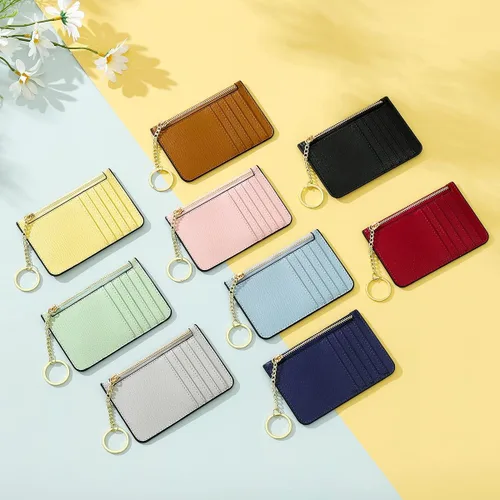 Vista 6 de Cartera de cuero delgada minimalista con cremallera para mujer, con bolsillo frontal y llavero, Rosado, Casual