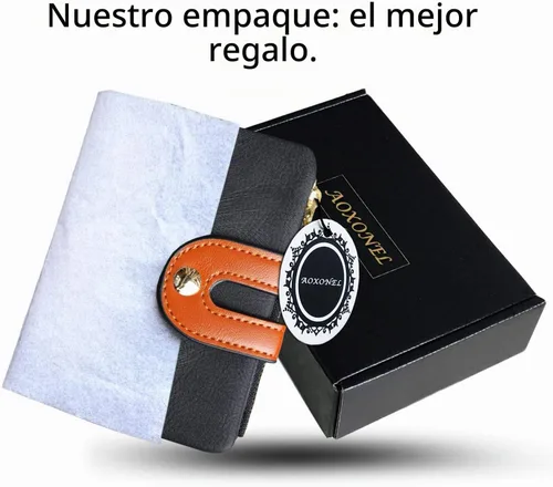 Vista 7 de AOXONEL - Cartera de piel para mujer con bloqueo RFID, pequeño bolsillo de dos pliegues con cremallera, monedero compacto y delgado con ventana