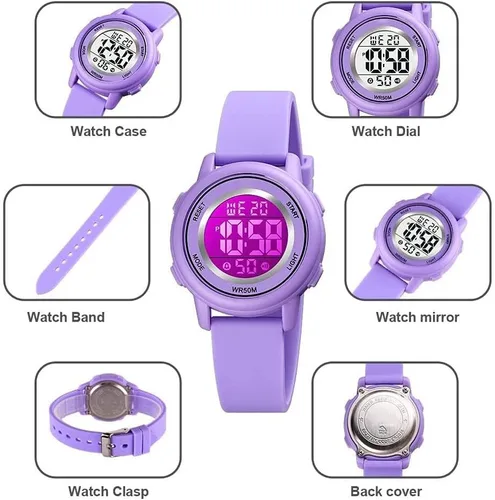 Vista 5 de Relojes digitales para mujer, pantalla LED, correa de silicona, reloj militar, multifunción, impermeable, alarma, cronómetro, retroiluminación LED