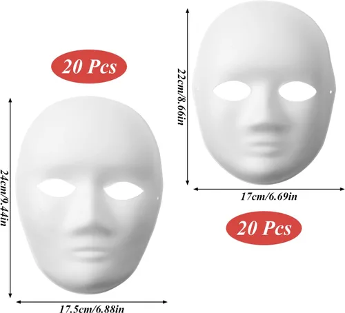 Vista 2 de 40 Pcs DIY Full Face Masks 2 Sizes Paper Mache Masks Paintable Men Women