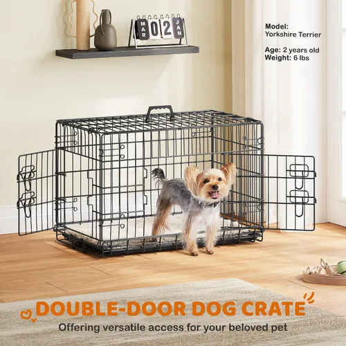 Vista 3 de Yaheetech Jaula para perros de doble puerta de 30 pulgadas con divisor para cachorros, perrera plegable de metal con bandeja extraíble, jaula