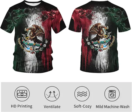 Vista 3 de Srcnhim Camiseta patriótica con la bandera de México para hombre, diseño de águila, colorido, gráfico, verano, manga corta