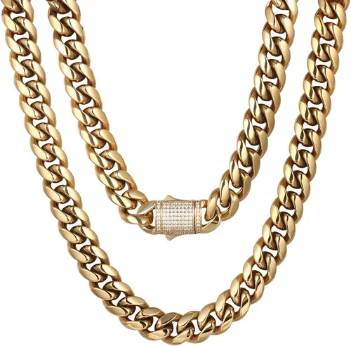 Vista 9 de Cadena de eslabones cubanos Miami de 10/12mm, chapado en oro real de 14 quilates, collar de acero inoxidable de alta calidad, joyería hip-hop