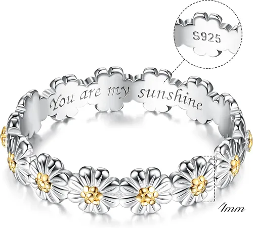 Vista 2 de UBGICIG Anillo de plata de ley 925 con margaritas para mujer, anillos de flores chapados en oro de 14 quilates, anillos apilables You Are My