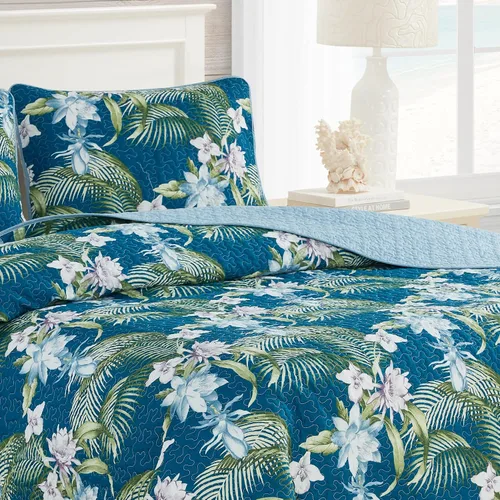 Vista 2 de Tommy Bahama - Juego de colcha tamaño Queen, ropa de cama reversible de algodón con fundas a juego, juego de ropa de cama transpirable para todas