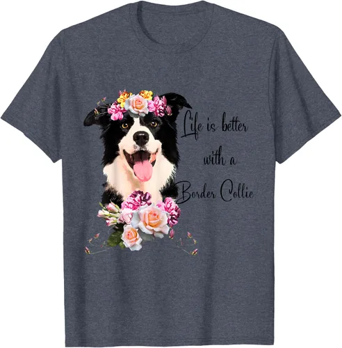 Vista 88 de Life is Better With a Border Collie - Camiseta de perro lindo con flores, gris, S Gris Oscuro