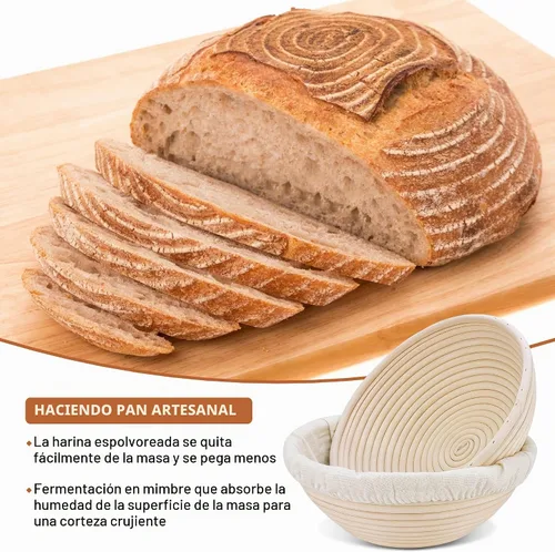 Vista 5 de Cesta de prueba de pan Banneton: 2 piezas de 21.6 cm de diámetro cestas redondas de ratán con forros para pan artesanal de masa madre, ideal