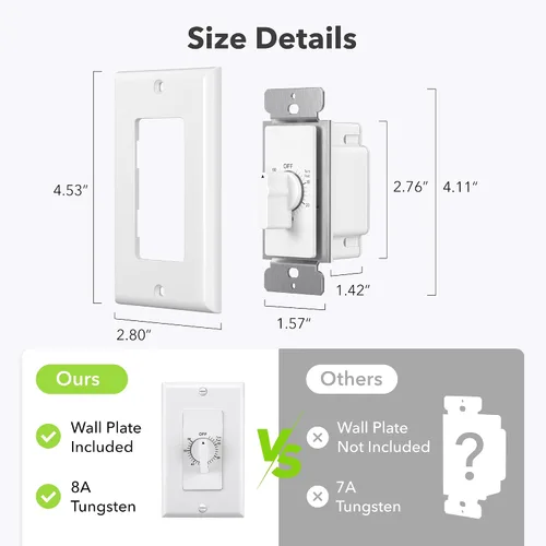 Vista 6 de BN-LINK Temporizador de cuenta regresiva de 60 minutos en la pared, interruptor mecánico, para ventilador de baño, temporizador de luces, 2 placas