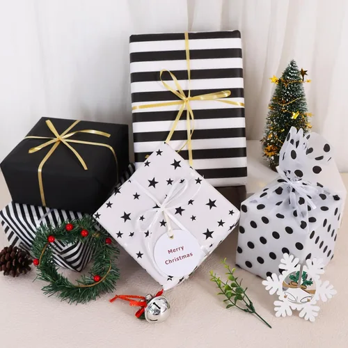Vista 4 de BEISHIDA 100 hojas de papel de seda blanco y negro a granel, rayas de sarga y puntos, estrellas para bolsas de regalo, papel de regalo de 14 x 20