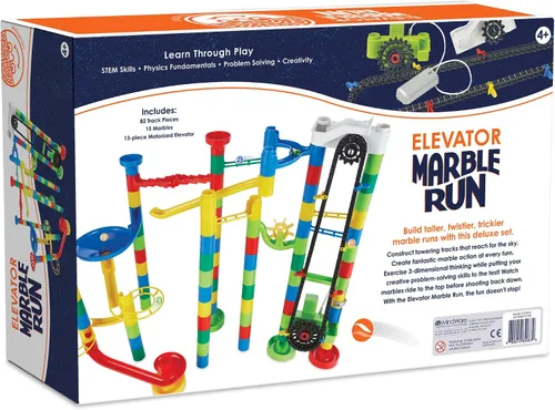 Vista 8 de MindWare Marble Run - Juego de construcción de 110 piezas con 82 piezas de pista, 15 canicas y elevador motorizado