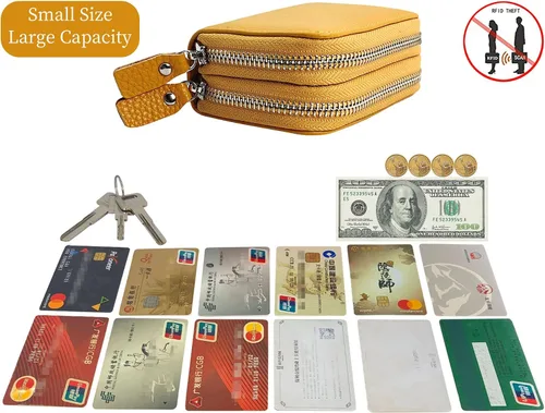 Vista 31 de Cartera de cuero para mujer, con doble tarjeta, tarjetero con cremallera, múltiples compartimentos, bloqueo RFID C-W-1, Rosado, Talla única