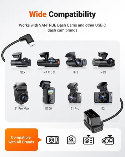 Vista 7 de VANTRUE Cable de alimentación con cableado directo OBD de pantalla LED USB USB-C de 10 pies, 3 niveles de potencia, protección de bajo voltaje