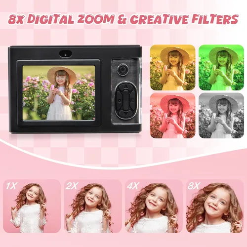 Vista 2 de Cámara digital, cámara FHD 1080P para niños con tarjeta de 32 GB, cámara digital de 48 MP con zoom 8X para apuntar y disparar, antivibraciones
