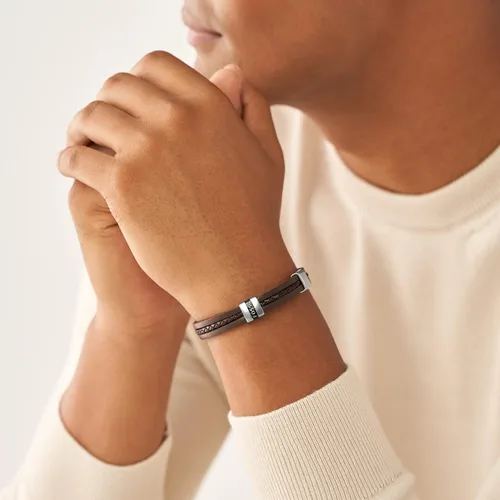 Vista 5 de Fossil Pulsera casual de acero inoxidable y cuero genuino para hombre