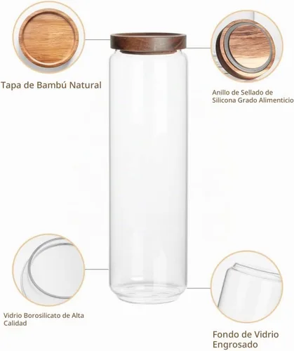 Vista 3 de Kanwone Juego de 3 recipientes herméticos para almacenamiento de alimentos, recipientes de almacenamiento de vidrio de 54 onzas con tapas de bambú