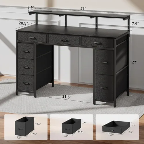 Vista 3 de HLDIRECT Escritorio para computadora de 47 pulgadas con 8 cajones de almacenamiento, escritorio para juegos con luces LED y tomas de corriente USB