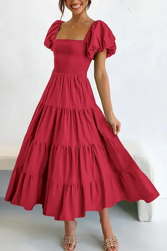 Vista 2 de PRETTYGARDEN Vestido midi casual de verano para mujer, manga corta, cuello cuadrado, fruncido, con volantes