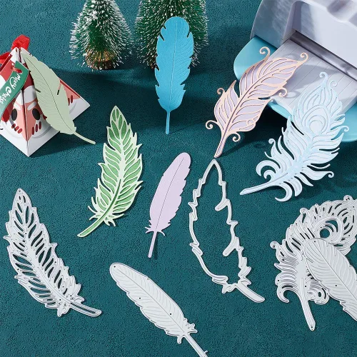 Vista 2 de INFUNLY 11 piezas de troqueles de plumas de metal, troqueles para hacer tarjetas, plantillas de plumas en capas, troqueles para relieve para álbum