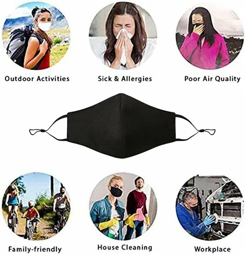Vista 6 de NBDIB Protección facial ajustable para adultos con bolsillo para filtro y alambre para la nariz, máscara de tela transpirable negra con 10 filtros