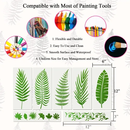 Vista 5 de 11 plantillas de hojas grandes de 12 x 6 pulgadas, plantillas de hojas de helecho de palma para pintar en paredes, plantas tropicales de naturaleza