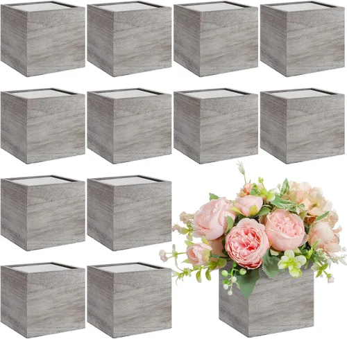Vista 8 de Suzile Juego de 12 Cajas Plantadoras de Madera de 5 Pulgadas Jarrones Cuadrados de Flores para Centro de Mesa Caja Plantadora Cúbica Rústica