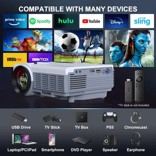 Vista 6 de Proyector FUDONI con WiFi 5G y Bluetooth, portátil nativo 1080P 18000L